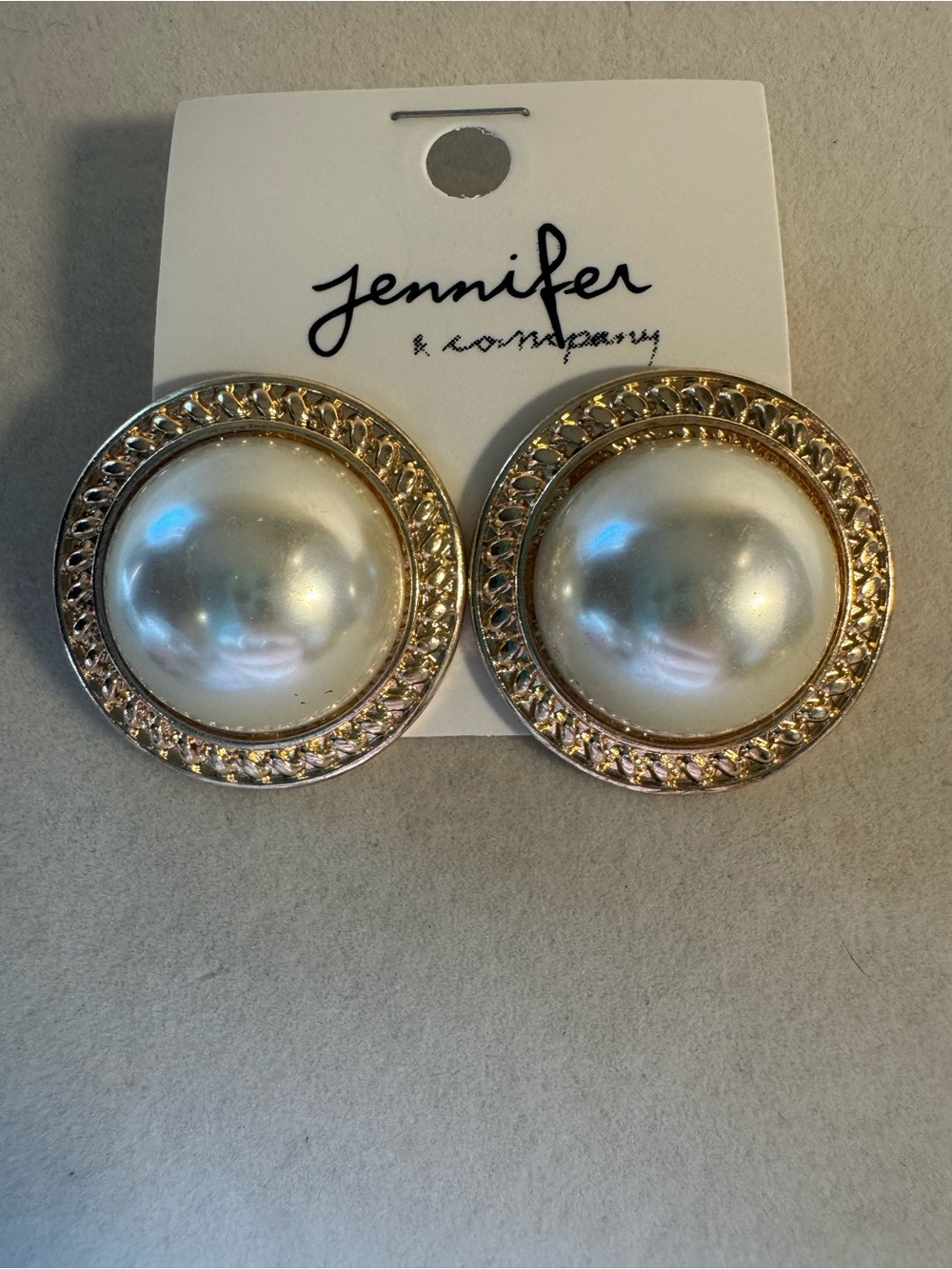 New Jennifer & Company Gold and Pearl Large Button Earrings